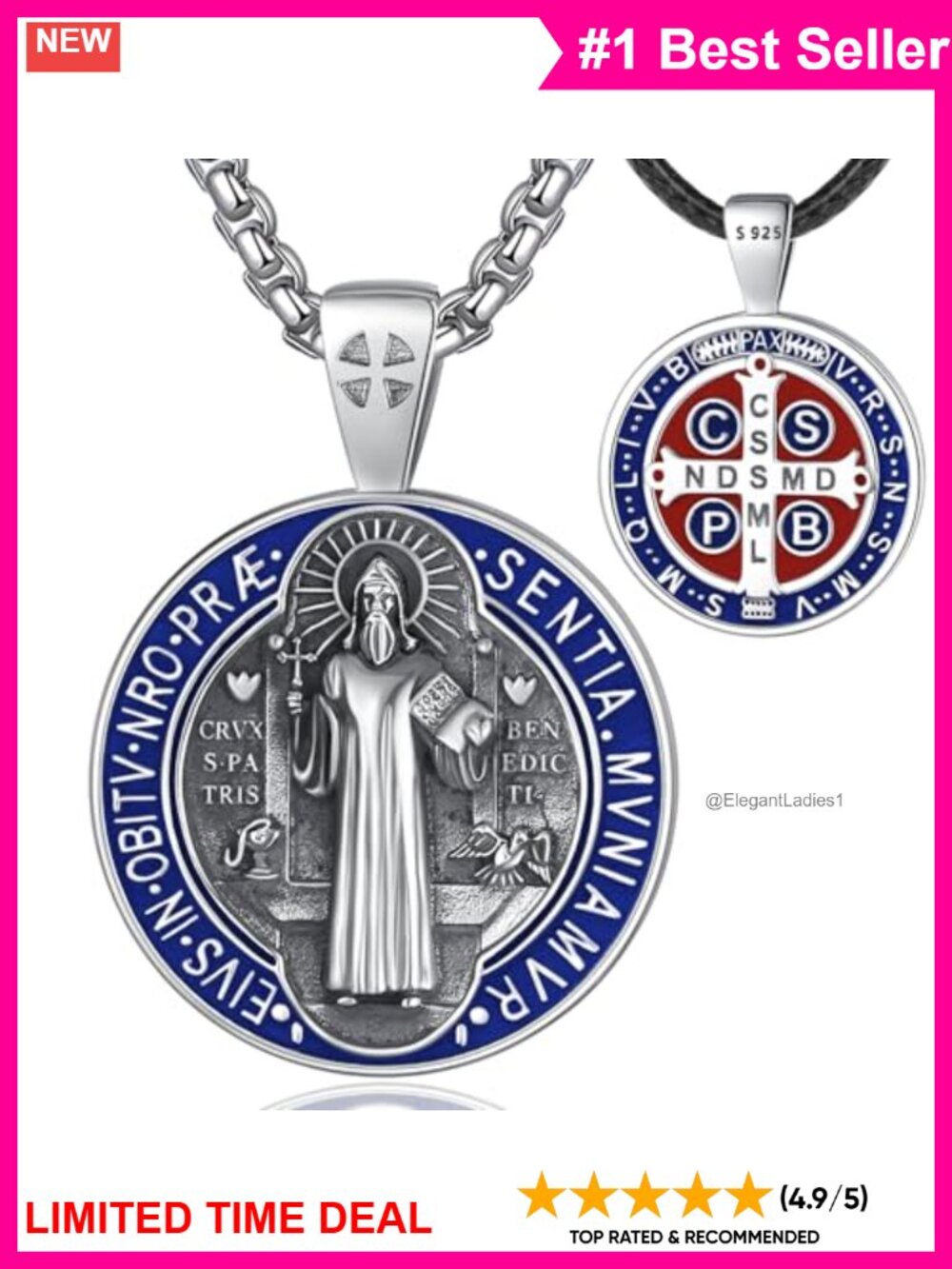 S925 Sterling Silver St Benedict Medal Patron Saint Necklace for Women Men